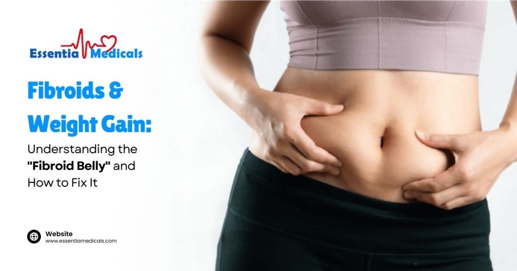 Illustration showing fibroid belly and weight gain in women seeking best medical treatment in Delhi NCR